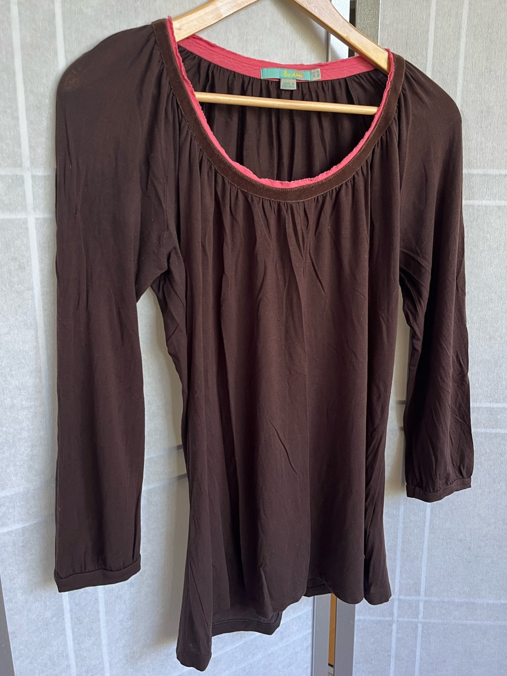Boden Brown Cotton Blousy Top Velvet Trim Neckline 3/4 Sleeve Size 8 Draped Fit